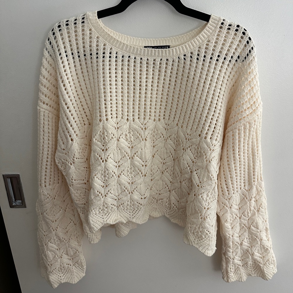 Zara Cream Crew Neck Sweater with Crochet Pattern